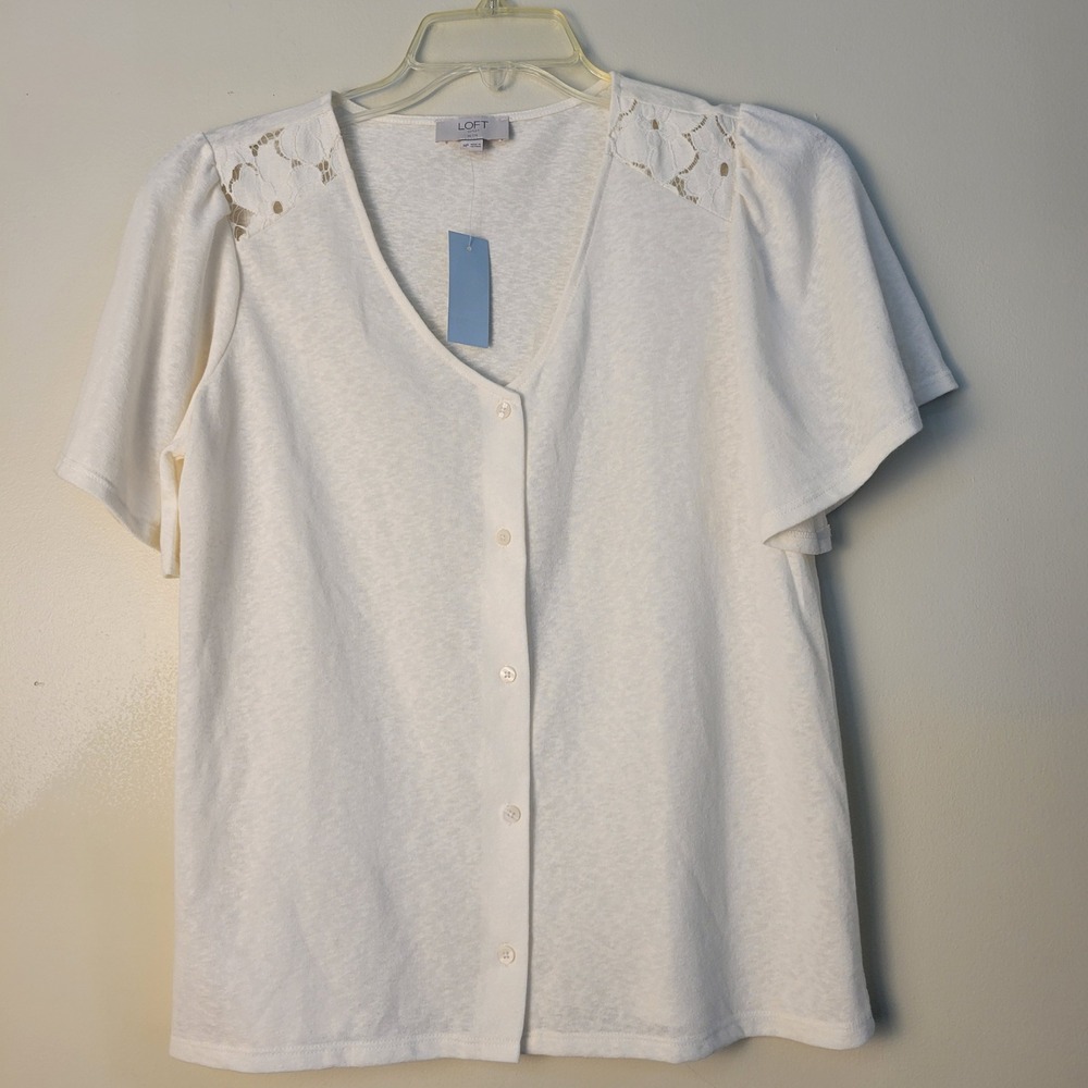 LOFT Petite Medium Cream Lace Shoulder Button Down Short Sleeve Top NWT